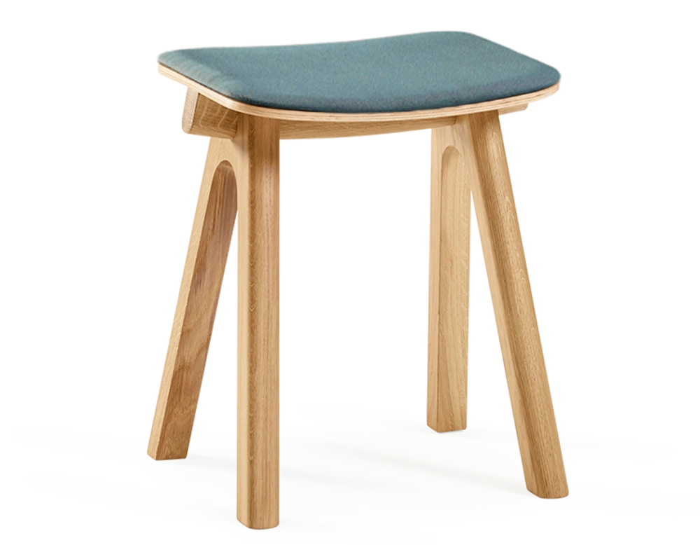 Upholstered oak stool H45 cm natural stained wood, ocean blue fabric seat