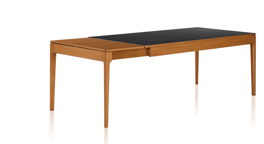 Table extensible en chêne et céramique allonges bois avec bois teinte merisier et plateau céramique noir unie 140x90 cm