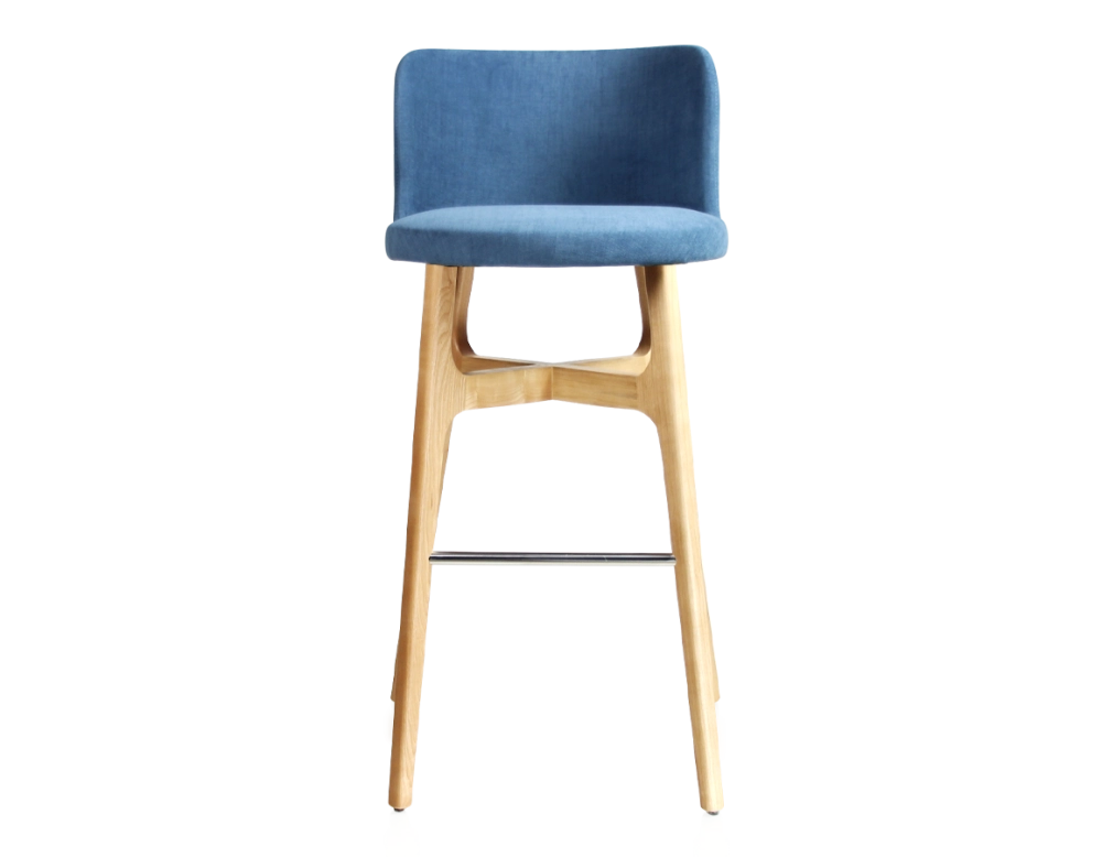 Bar stool h80 cm natural stained wood, blue jeans fabric seat Bar stool h80 cm natural stained wood, blue jeans fabric seat