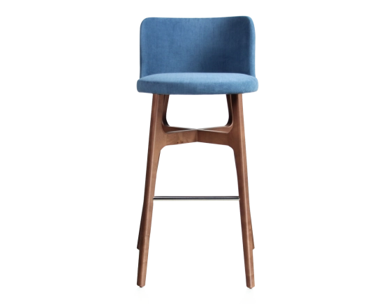 Tabouret de bar h80 cm bois teinte noyer assise tissu bleu jeans