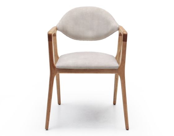 Designer armchair natural wood finish and sand velvet fabric