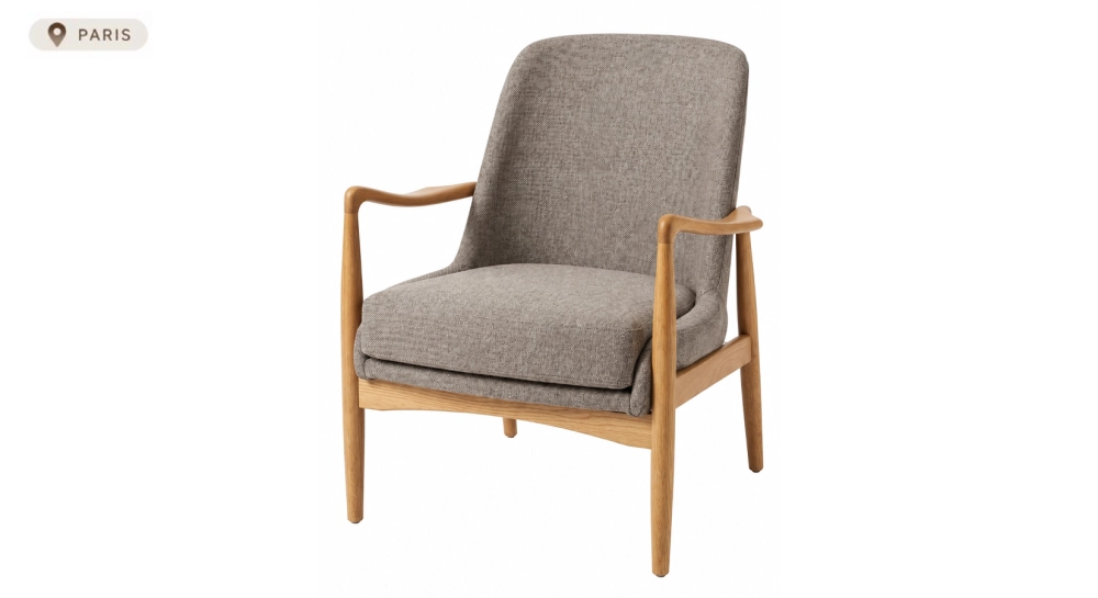 Fauteuil scandinave en bois teinte naturelle et tissu brun