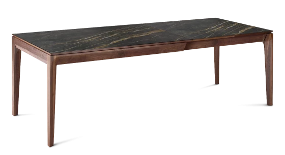 Table extensible en noyer et céramique 6 à 10 personnes allonges céramique avec bois teinte naturelle et plateau et allonges céramique effet marbre noir 140x90 cm