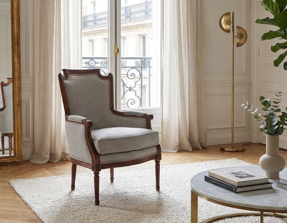 Fauteuil bergère style Louis XVI bois teinte ancienne et tissu pied de poule blanc et taupe