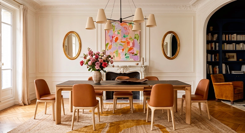Table extensible 6 à 8 personnes en chêne et céramique allonges céramique avec bois teinte naturelle et plateau et allonge céramique effet marbre noir 140x90 cm