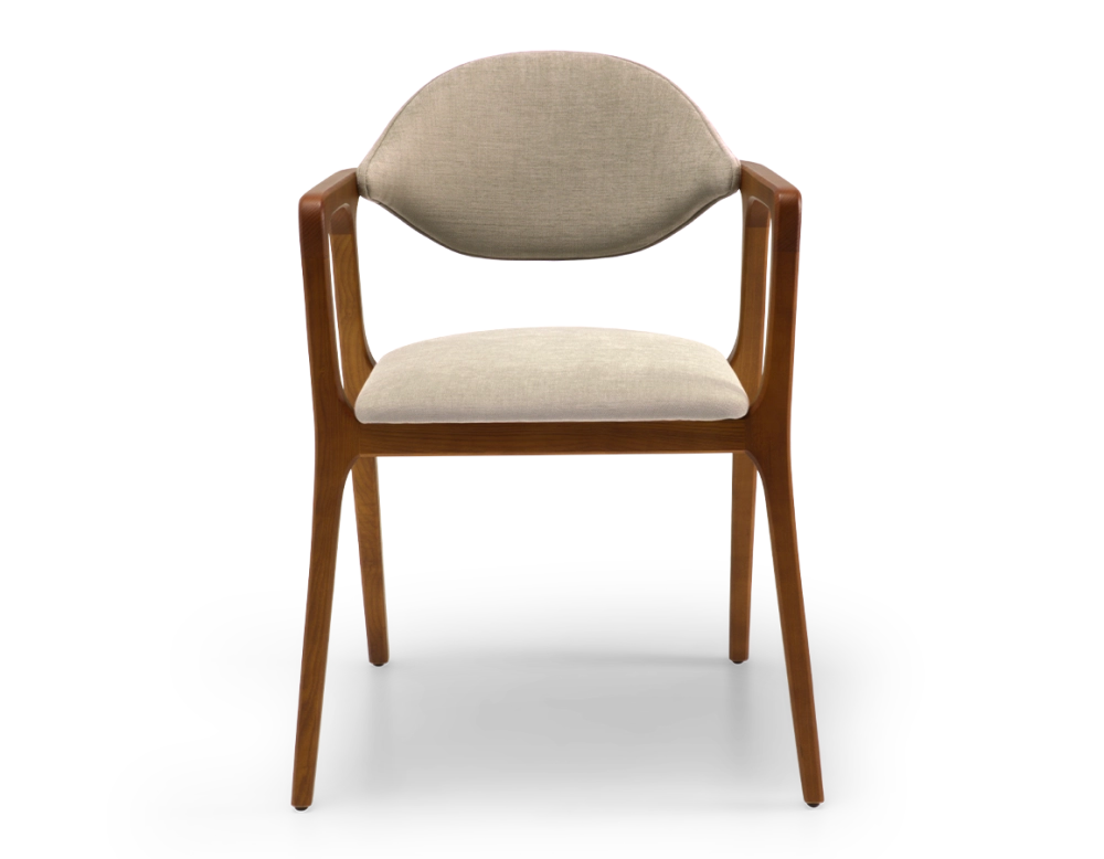 Designer armchair cherry wood stain and taupe fabric Designer armchair cherry wood stain and taupe fabric