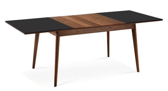 Extending table for 6 to 10 people in walnut and ceramic with wooden extensions with natural stained wood and oxidised brown ceramic top 140x90 cm