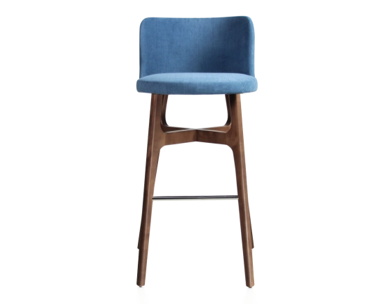 Tabouret de bar h80 cm bois teinte marron foncée assise tissu bleu jeans