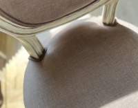 Antique Louis XVI style chair wood stained antique caned back taupe fabric seat Antique Louis XVI style chair wood stained antique caned back taupe fabric seat