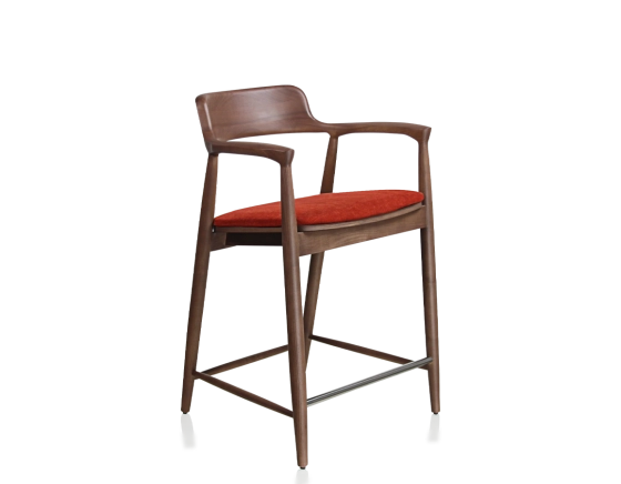 Tabouret de bar h60 cm bois teinte noyer assise tissu orange brulé