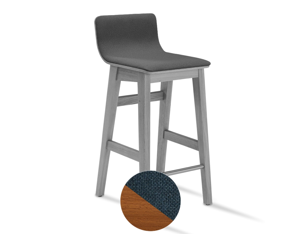 Tabouret de bar en chêne H60 cm bois teinte merisier assise tissu bleu océan Tabouret de bar en chêne H60 cm bois teinte merisier assise tissu bleu océan