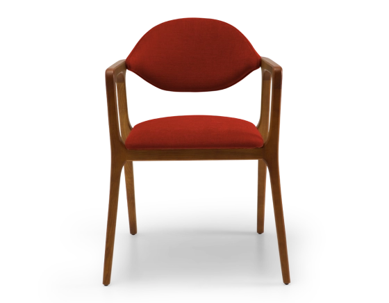 Designer armchair cherry wood stain and burnt orange fabric.