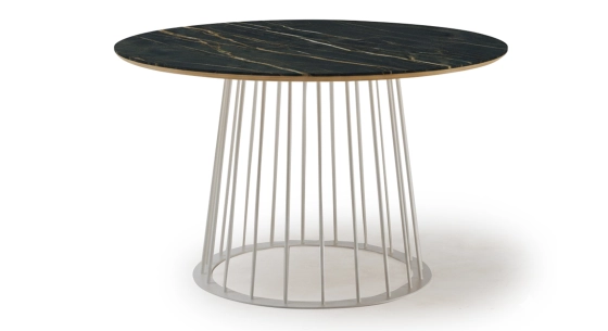 Round dining table in oak and ceramic. white metal base and black marble-effect ceramic top m3 120x120