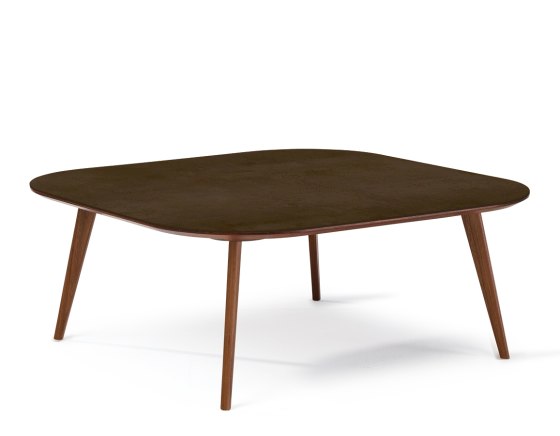Table basse carré aux angles arrondis F2 en noyer et céramique bois teinte naturelle plateau céramique brun oxydé 120x120x40 cm