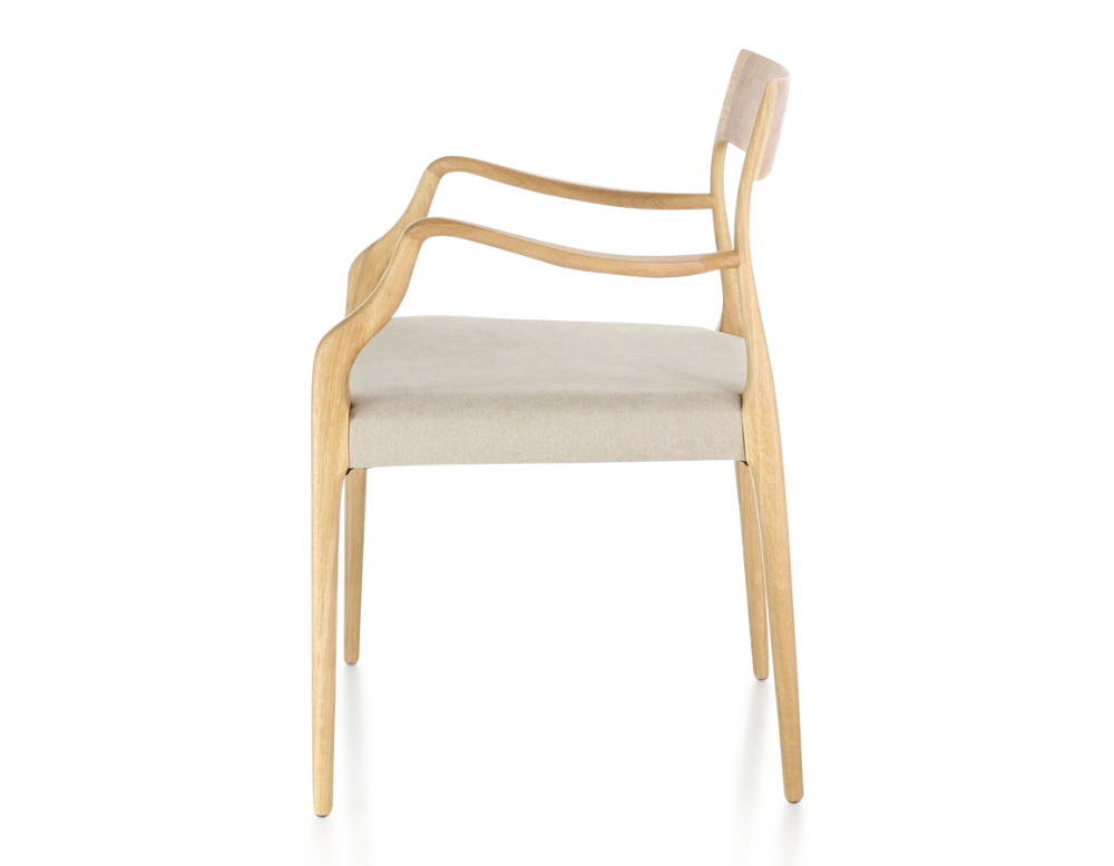 Scandinavian armchair with armrests natural wood stain camel fabric seat Scandinavian armchair with armrests natural wood stain camel fabric seat