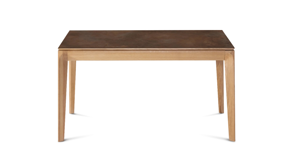 Table extensible 8 à 14 personnes en chêne et céramique allonges bois avec bois teinte naturelle et plateau céramique brun oxydé 210x100 cm Table extensible 8 à 14 personnes en chêne et céramique allonges bois avec bois teinte naturelle et plateau céramique brun oxydé 210x100 cm