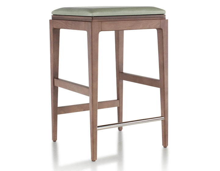 Tabouret de bar design H60 cm bois teinte noyer assise cuir vert sauge Tabouret de bar design H60 cm bois teinte noyer assise cuir vert sauge