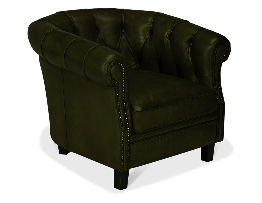 Fauteuil chesterfield cuir vert olive accoudoirs cloutés Fauteuil chesterfield cuir vert olive accoudoirs cloutés