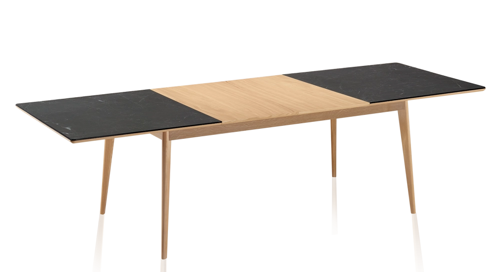 Table extensible 8 à 14 personnes en chêne et céramique allonges bois avec bois teinte naturelle et plateau céramique effet ardoise 210x100 cm Table extensible 8 à 14 personnes en chêne et céramique allonges bois avec bois teinte naturelle et plateau céramique effet ardoise 210x100 cm