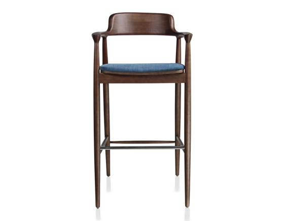 Tabouret de bar h80 cm bois teinte marron foncé assise tissu bleu jean