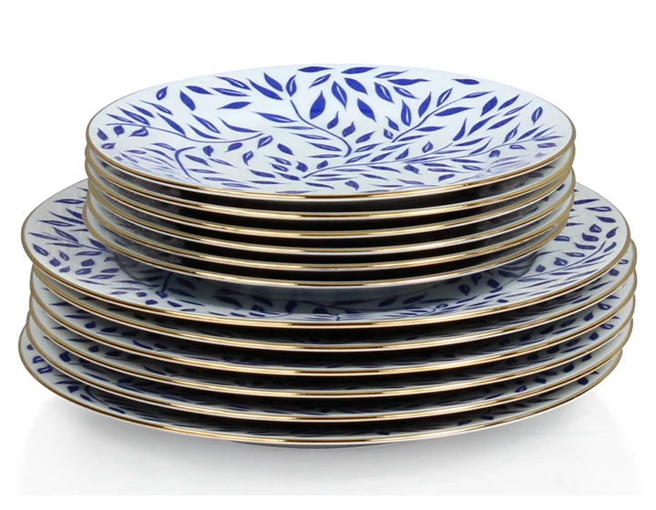 Assiette plate porcelaine de Limoges lot de 6 - Récamier olivier bleu filet  d'or