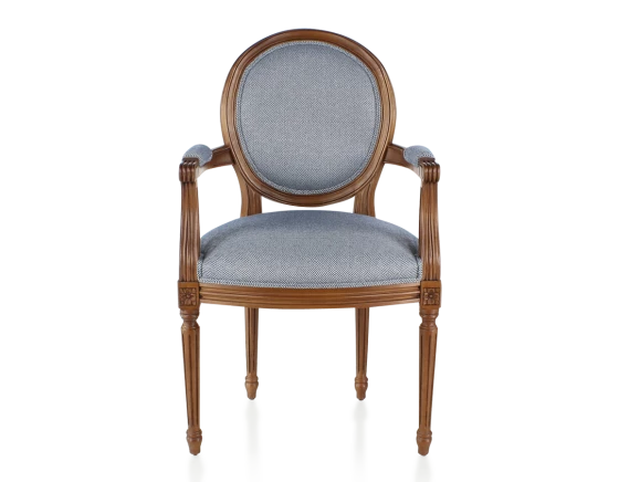 Chaise ancienne style Louis XVI avec accoudoirs bois teinte ancienne et tissu chevron bleu