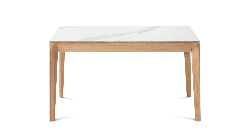 Table extensible en chêne et céramique 6 à 10 personnes allonges céramique avec bois teinte naturelle et plateau et allonges céramique effet marbre blanc 140x90 cm