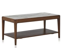 Table basse rectangulaire en chêne et céramique avec tablette en bois teinte marron foncé plateau céramique effet marbre blanc 100x50 cm