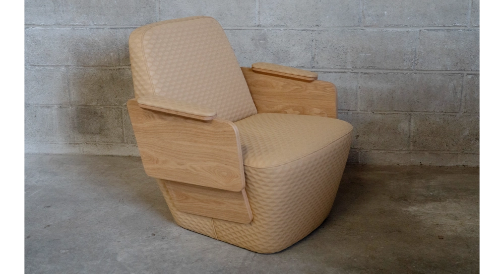 Armchair with armrests design natural walnut frame with anthracite grey fabric seat.