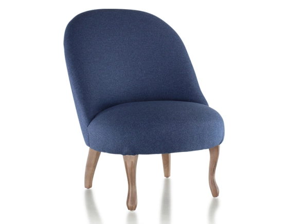 Fauteuil crapaud sans accoudoirs pieds bois teinte noyer et tissu bleu marine