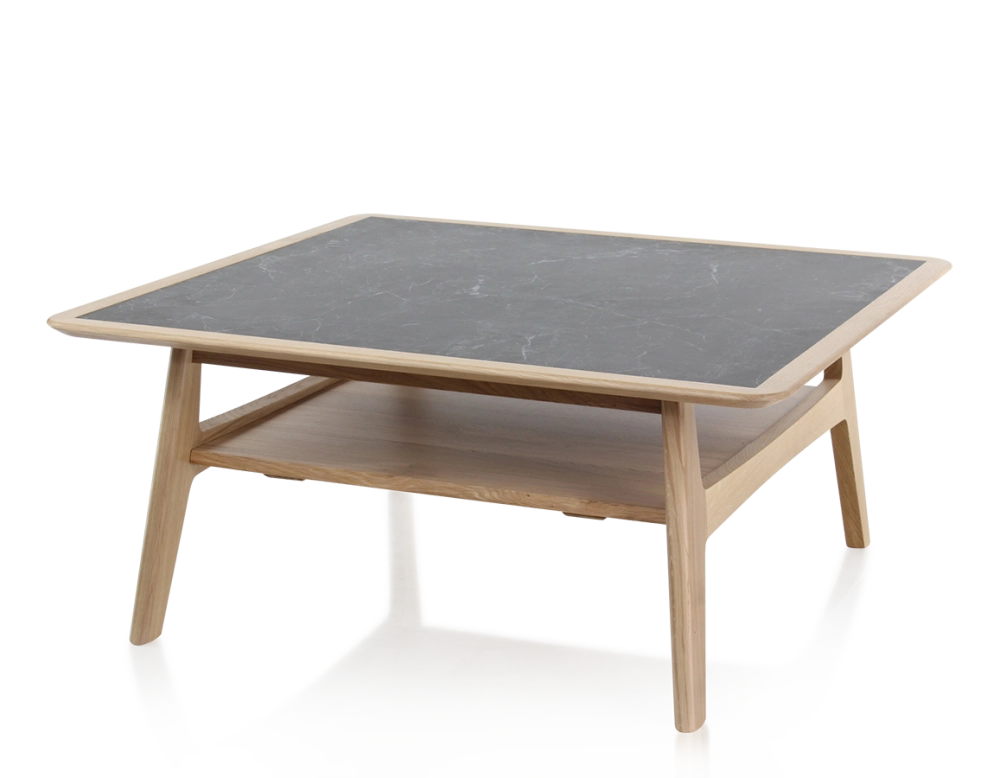 Table basse carrée en chêne et céramique avec bois teinte naturelle plateau céramique effet ardoise 100x100 cm Table basse carrée en chêne et céramique avec bois teinte naturelle plateau céramique effet ardoise 100x100 cm