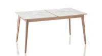 Table salle à manger en chêne et céramique 6 personnes avec bois teinte naturelle et plateau céramique effet marbre blanc 140x100 cm