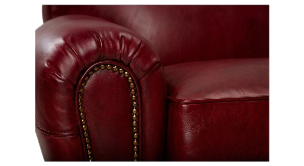 2 seater leather club sofa burgundi studded armrests