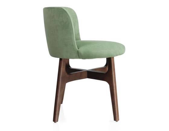 Designer chair dark brown stained wood, green fabric seat
