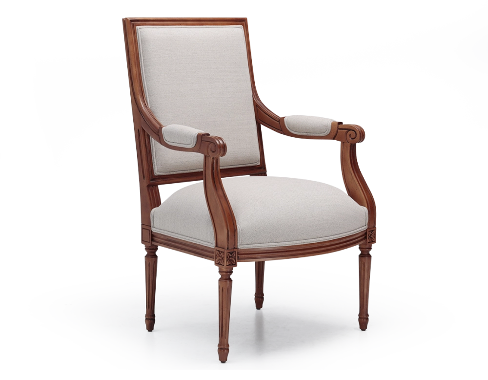 Fauteuil ancien style Louis XVI bois teinte ancienne et tissu beige naturel Fauteuil ancien style Louis XVI bois teinte ancienne et tissu beige naturel