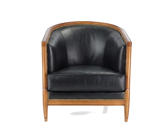 Fauteuil ancien accoudoirs moulurés bois teinte ancienne et cuir noir