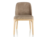 Designer chair natural stained wood and light taupe velvet fabric Designer chair natural stained wood and light taupe velvet fabric