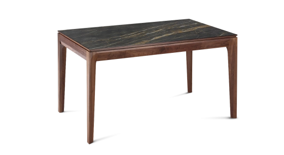 Table extensible 8 à 12 personnes en noyer et céramique allonges bois avec bois teinte naturelle et plateau céramique effet marbre noir 210x90 cm