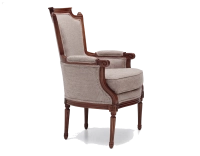 Louis XVI style bergère armchair bois teinte ancienne et tissu chiné beige, gris et orange