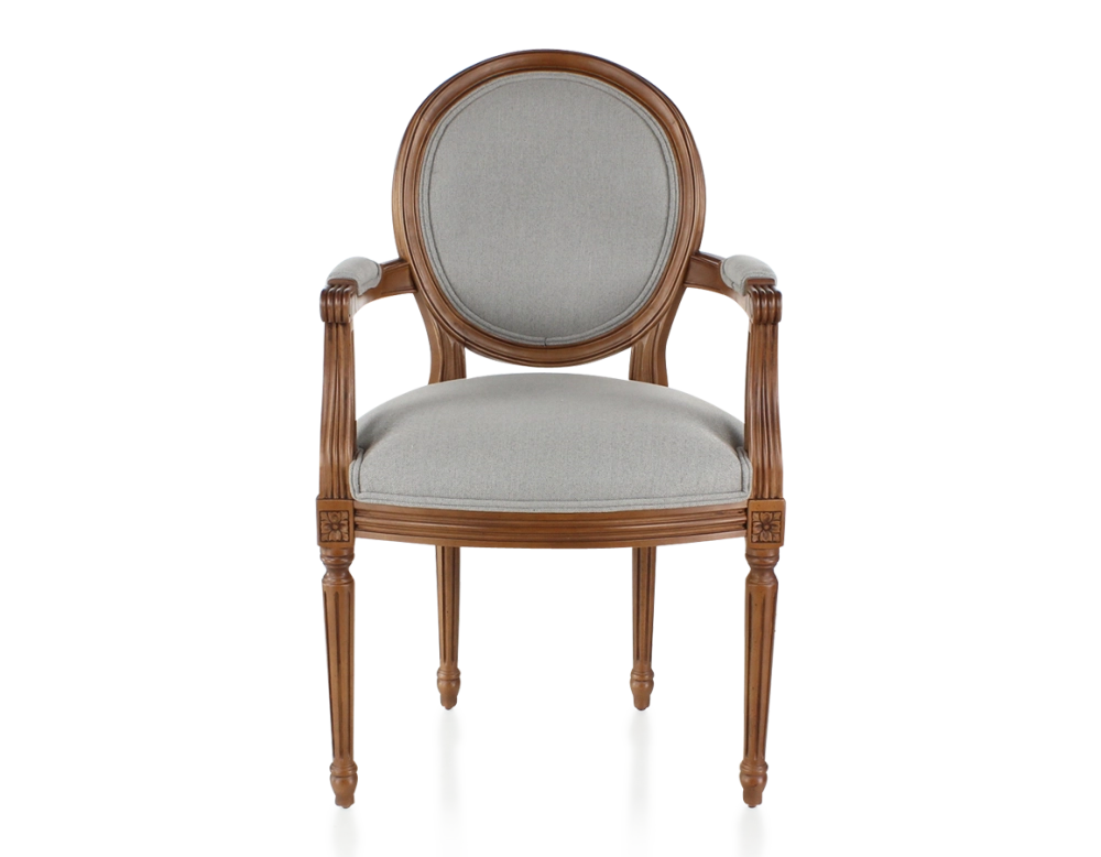 Chaise ancienne style Louis XVI avec accoudoirs bois teinte ancienne et tissu gris clair Chaise ancienne style Louis XVI avec accoudoirs bois teinte ancienne et tissu gris clair