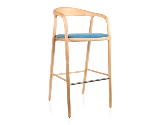 Tabouret de bar h80 cm teinte naturelle assise tissu bleu jean bois teinte naturelle et tissu bleu jean