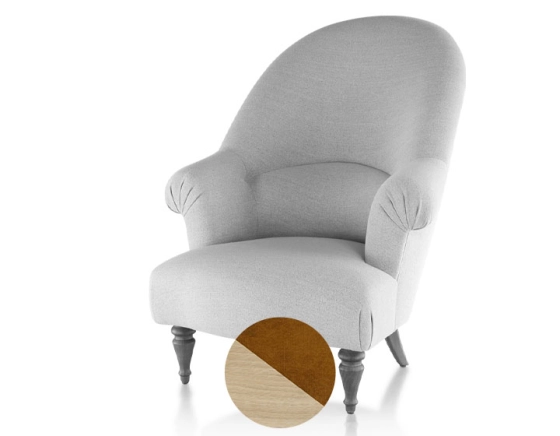 Fauteuil crapaud avec accoudoirs pieds bois teinte naturelle et tissu velours bronze haut dossier