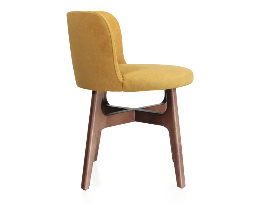Chaise design bois teinte noyer assise tissu jaune