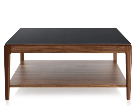 Square coffee table in walnut and ceramic with shelf in natural stained wood, plain black ceramic top 100x100 cm