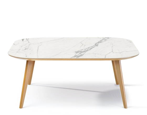 Table basse carré aux angles arrondis F2 en chêne et céramique bois teinte naturelle plateau céramique effet marbre blanc m1 90x90x30 cm