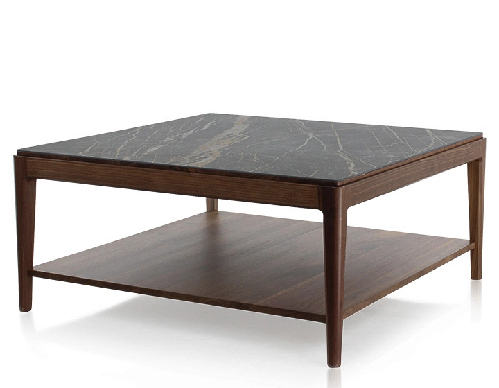 Table basse carrée en noyer et céramique avec tablette en bois teinte naturelle plateau céramique effet marbre noir 100x100 cm Table basse carrée en noyer et céramique avec tablette en bois teinte naturelle plateau céramique effet marbre noir 100x100 cm