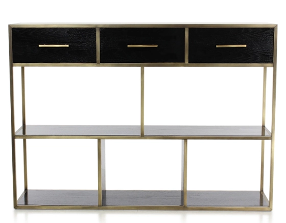 Console design Black lacquered ash and brass patina metal
