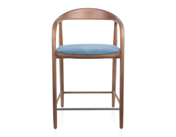 Tabouret de bar H60 cm bois teinte noyer et tissu bleu jean