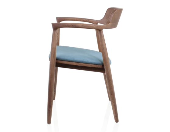 Scandinavian chair walnut-stained wood and denim fabric