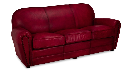 Canapé club cuir 3 places rouge carmin accoudoirs cloutés